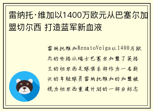 雷纳托·维加以1400万欧元从巴塞尔加盟切尔西 打造蓝军新血液 雷纳托·维加以1400万欧元从巴塞尔加盟切尔西 打造蓝军新血液